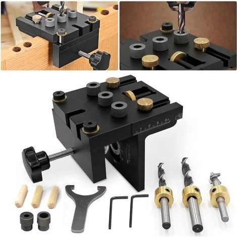 Kit di posizionamento per fori a tasca da 6/8/10/15 mm 3 in 1 con clip di posizionamento, guida di foratura regolabile e localizzatore di fori per mobili. (1/5)