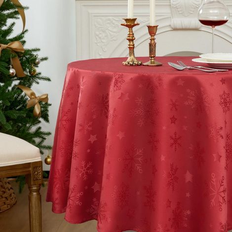 Nappe de table ronde de Noël 160 cm rouge lavable avec étoiles et flocons de neige