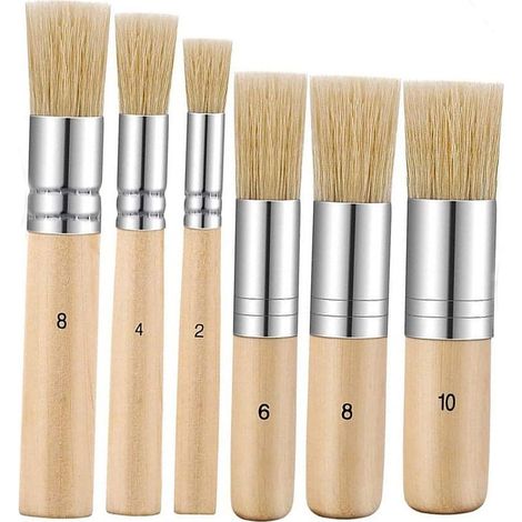 Pinceaux à Pochoir en Bois,6 pcs Pinceaux à Poils Naturels Pinceaux à Cire Ronds pour Huile Acrylique Aquarelle Peinture Craie (1/4)