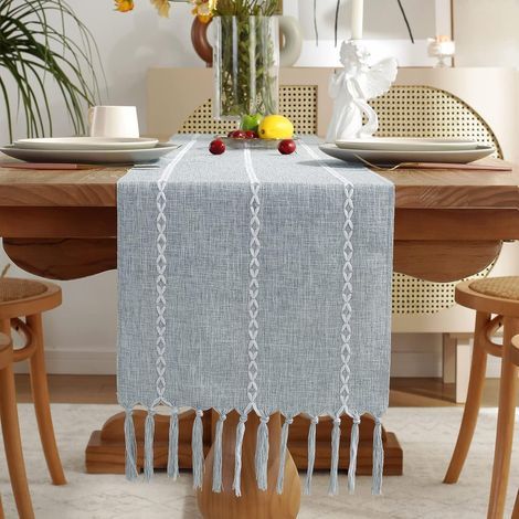 Chemin de table en coton bleu poudré, 275 cm, style ferme ou café, 1 pièce. (1/5)