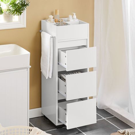 SoBuy BZR29-W Badezimmerschrank Badschrank Badkommode mit 3 Schubladen und 4 Fächern Kommode fürs Bad Midischrank mit Handtuchhalter Weiß BHT ca: