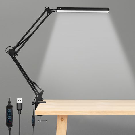 TolleTour Lampe bureau LED 10W 10 niveaux 3 tons lumière bras réglable pince métal USB protection yeux étude