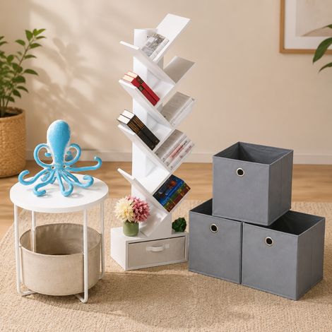 Set di scaffali Living Tree (4 pezzi) – Tavolino, scaffale a forma di albero, scatole grigie e gancio a forma di polpo (1/5)