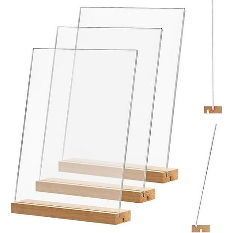 Porte-affiches acrylique transparent, lot de 4, format 21,6x27,9 cm, cadre en plexiglas avec socle en bois, forme L/T, présentoir de table pour menus (1/5)
