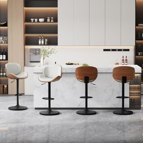 Barhocker 4er Set, höhenverstellbar, drehbar, Kunstleder & Massivholz (1/5)