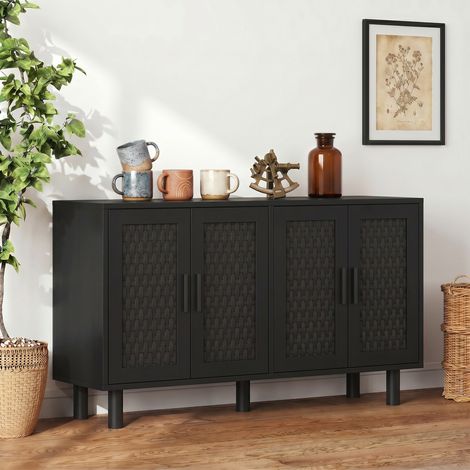 BLANKETSWARM - Buffet cuisine bois avec 4 Portes en Rotin, Poignées en Métal Noir, 5 Pieds, meuble bas rangement style rustique, buffet salle a manger 140x40x80 cm, Noir