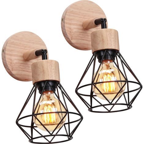 Set of 2 Wall Sconces, Metal and Wood, 180° Adjustable Angle, E27 Socket, Indoor Living Room Kitchen (1/5)