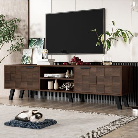 Meuble tv rangement grand 160 cm bois 2 portes 2 niches OKMYHOME (1/5)