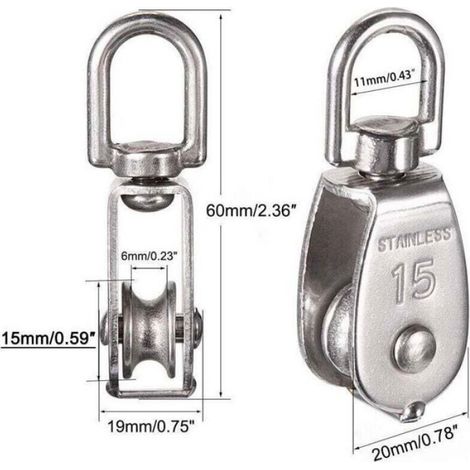 Poulie simple M15 en acier inoxydable 304, rouleau 15mm, charge 35kg, pour corde et câble, lot de 6 pièces (1/4)