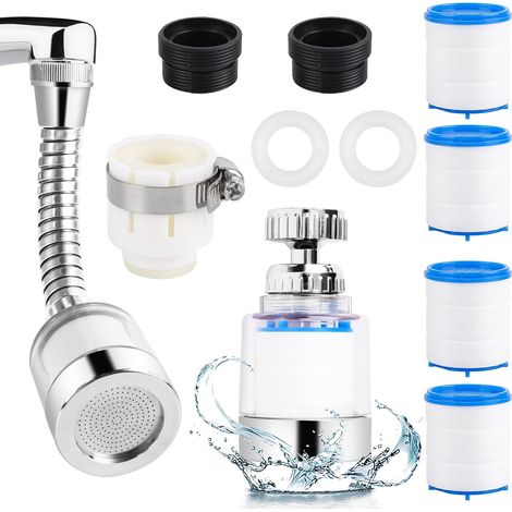 Lot de 2 Filtres d'Eau Universels 360° Pivotants - Anti Calcaire avec 4 Éléments Filtrants en Coton pour Robinet de Cuisine et Salle de Bain (A) (1/5)