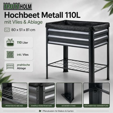 Hochbeet Metall 110L mit Vlies & Ablage, 80x51x81 cm, Pflanzkasten für Balkon & Garten (1/5)