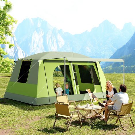 Tente tunnel camping 4-8 personnes 2 chambres étanche 3000 mm portes fenêtres latérales poches rangement - Dimensions: 405x305x225 cm