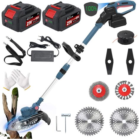 Coupe Bordure sans Fil avec 21V Batterie, Débroussailleuse avec 2×4.0 Ah, Coupe-Herbe 5 en 1 à Batteries, Convient pour Le Jardin, la pelouse et Le désherbage, Moteur sans balais 750 W, Bleu (1/5)