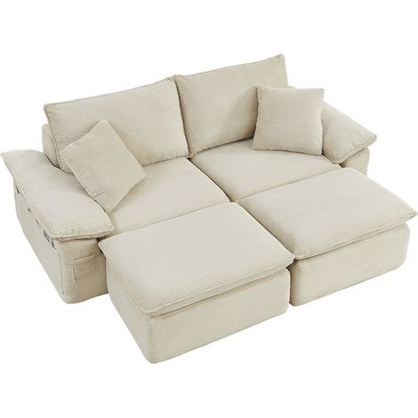 Divano modulare 2 posti beige in tessuto, senza montaggio, con poggiapiedi e tasche laterali (1/5)