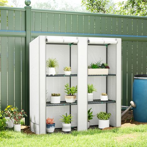 Serre de jardin avec 2 portes enroulables, étagères à 3 niveaux et poches latérales. Blanc et gris.