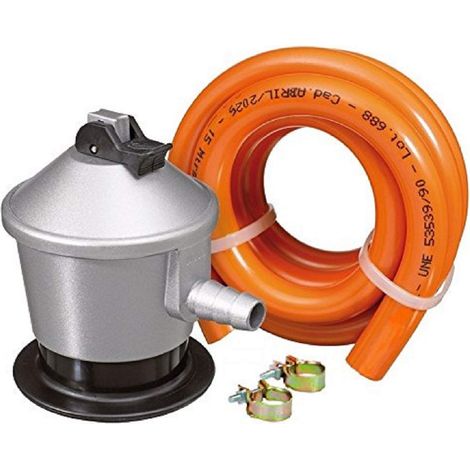 S&M 323300 Kit regolatore Gas butano/propano con valvola di Sicurezza + Tubo Gomma 1,5 m + 2 Morsetti, Grigio/Arancione, Estándar (1/5)