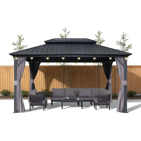 PURPLE LEAF 4.25 x 3 m Pergola Économique de Jardin en Aluminium à Toit Rigide avec Guirlande LED, Tonnelle avec Moustiquaire et Rideaux, Pavillon Double Toit, Bronze