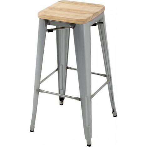 Lot de 4 tabourets hauts de bistrot en acier galvanisé, bois de frêne, gris (1/5)