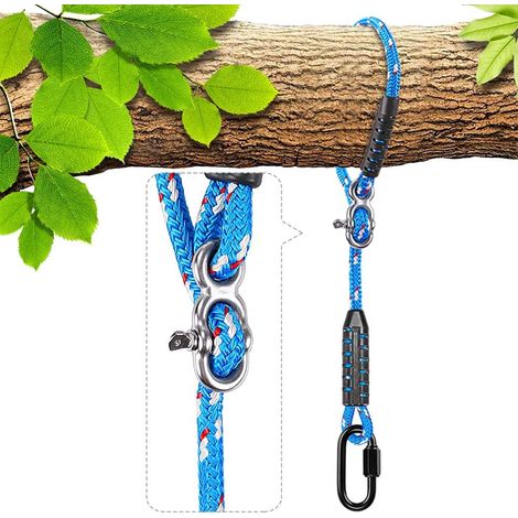 Sangle de Hamac, 200cm Corde de Balançoire Réglable Extensible Arbre Suspension Materiel en Polyester Fauteuil Suspendu Fixation Kit avec Mousqueton, Jusqu'à 1000lbs, 10mm de Diamètre, Bleu (1/5)