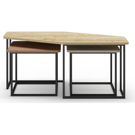 Set de 3 tables basses, tables de salon aspect bois coloris chêne, terracotta, vert et pieds en métal noir (1/5)