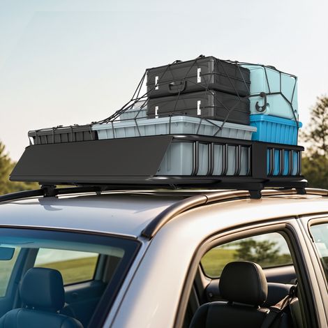 Universeller Dachkorb aus Stahl für Fahrzeuge, 90,7 kg Tragkraft, mit Windabweiser und Reling, 110,5 x 99,5 x 18,5 cm, Schwarz