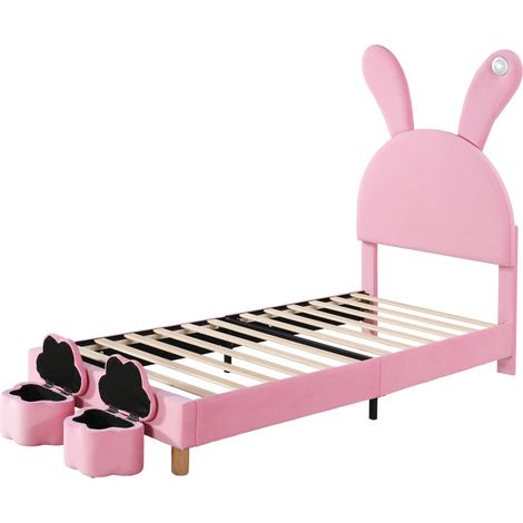 Lit 90x200 en velours rose avec 2 bancs de rangement, LED et oreilles de lapin (1/5)