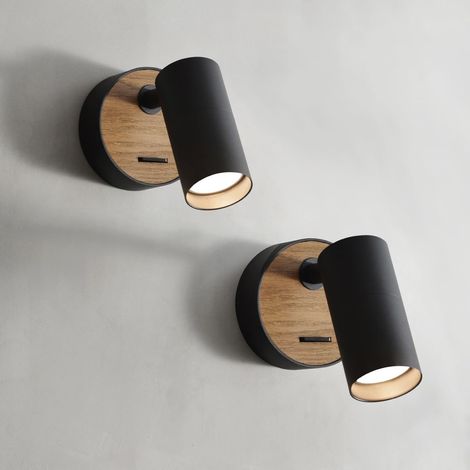 2 Packs Applique Murale Bois Aluminium Noir Interrupteur Pivotant 360 Degrés Intérieur Salon Chambre Gu10