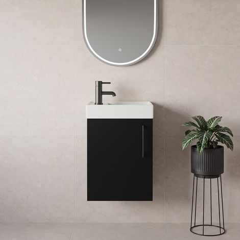 Napoli Cube Matt Black 400mm Wall Mounted Single Door Vanity Unit with Align Basin - 400mm - Gunmetal Grey 160mm Handle