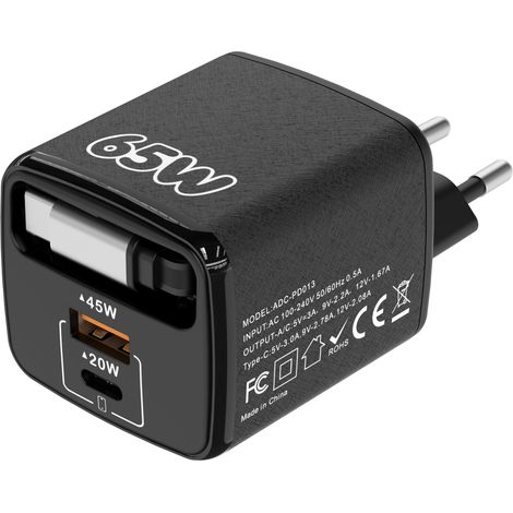 Chargeur voyage multi-port 1PD+USB 65W PD couleur macaron avec câble rétractable, prise européenne pour téléphone-noir (1/5)