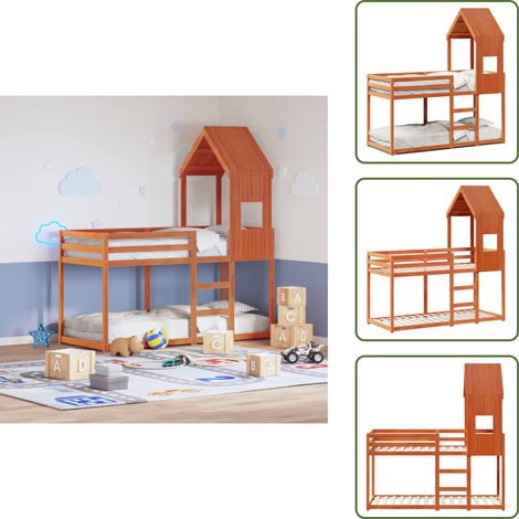 Etagenbett mit Dach Wachsbraun 90x190 cm Massivholz Kiefer - Kinderbett - Holzbett - Jugendbett - Etagenbett - Hochbett