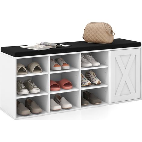 COSTWAY Shoe Storage Bench 3-Tier Entryway Bench with Padded Cushion-White (1/5)