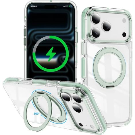 (Vert, iPhone 15 Pro Max) Étui magnétique pour téléphone avec support rotatif à 360° et protection contre les chutes par coussin d'air. (1/5)