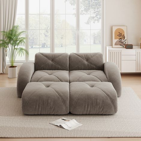 Canapé modulaire marron 2 places + 2 poufs antidérapants, sans cadre, pour salon ou appartement, prêt à l'emploi, sans assemblage requis (1/4)