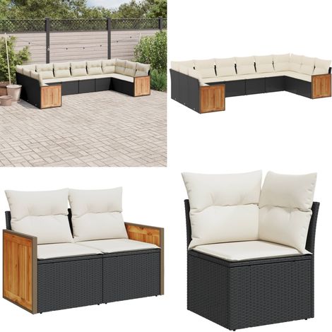 Salon de jardin 10 pcs avec coussins noir résine tressée - Salon De Jardin - Meuble De Jardin - Ensemble Salon De Jardin - Mobilier Extérieur - Set De Canapés - Home & Living (1/5)