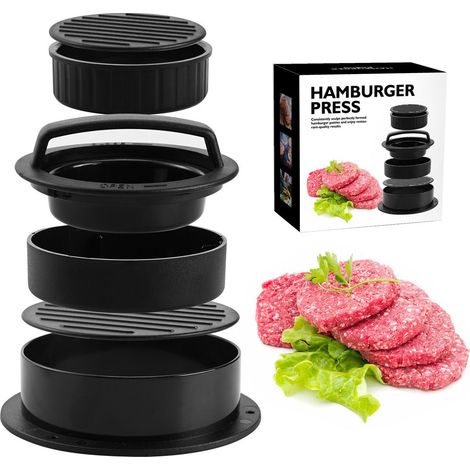 3-in-1 Hamburgerpresse, einfache Entnahme, antihaftbeschichtet, rund, gefüllt, Kunststoff, manuell, für die Küche, schwarz. (1/5)