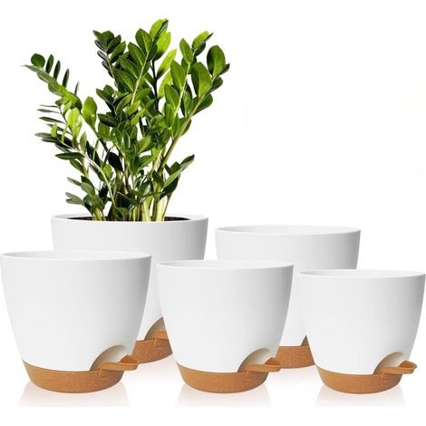 5 Pcs Pots de Fleurs Plastique, 17.8/16.5/15.2/13.9/12.7cm Pots à Fleurs/Plantes en Plastique, Auto-Arrosant avec Soucoupe de Fleur Convient, Blanc (1/5)