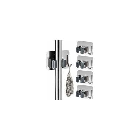 4 Pièces Porte Balais Mural sans Percage, Accroche Balai Mural, Accroche Balai Adhésif en Acier Inoxydable, Support Balais Mural avec Crochet, pour Cuisine, Salle de Bain, Jardin et Garage (