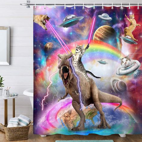 Rideau de Douche pour garçons et Enfants, décoration de Salle de Bain, Motif Dinosaure sur Galaxie Fantastique, Rideau, Univers Spatial avec 12 Crochets, 177,8 x 177,8 cm (1/5)