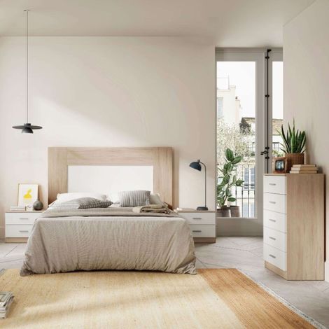 Pack muebles dormitorio con cabecero, cómoda y mesita noche 2 cajones en blanco mate y sahara