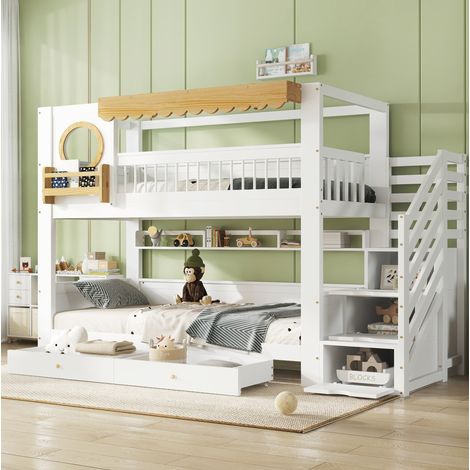 Etagenbett Kinder modern aus Massivholz und MDF Weiß/Natur 90x200 cm mit Treppenschrank, Schubladen und Regalen (1/5)