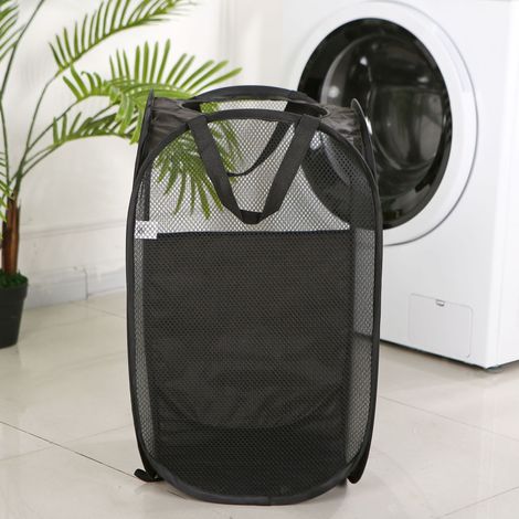 Grand panier à linge pliable noir avec ouverture ronde et structure latérale panier à linge portable pour la maison. (1/4)