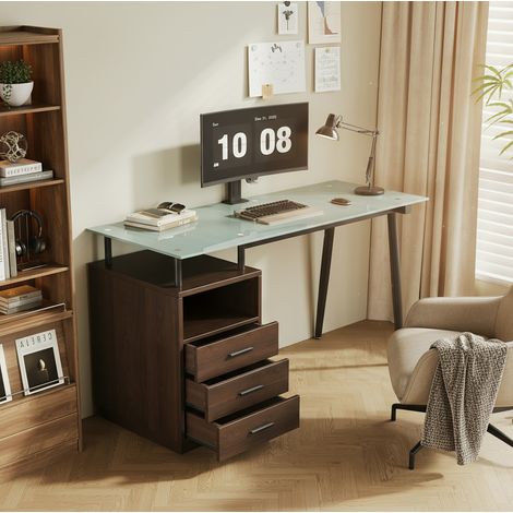 MEUBLIV Bureau 130x50x75 cm brun – plateau en verre trempé, 3 tiroirs et niche ouverte (1/5)