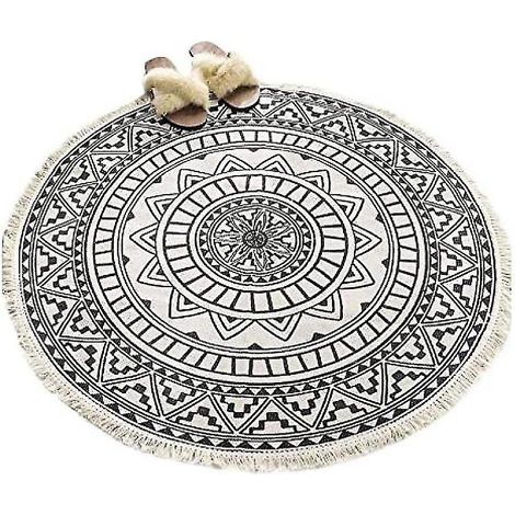 Tapis ronds, tapis circulaires, rayés, antidérapants, tissés à la main, tapis en coton faciles d'entretien avec motif mandala bohème 90 cm - (1/5)