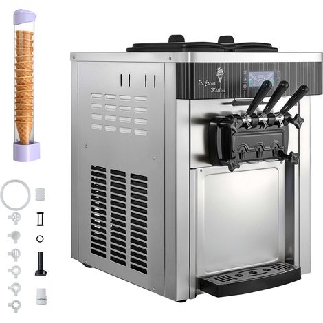Mophorn Gewerbliche Eismaschine mit einer Kapazität von 20-28 L/h, ausgestattet mit 2200 W und zwei 6-Liter-Behältern. Funktionen wie Vorkühlung, Selbstreinigung und LED-Display machen. Silber.
