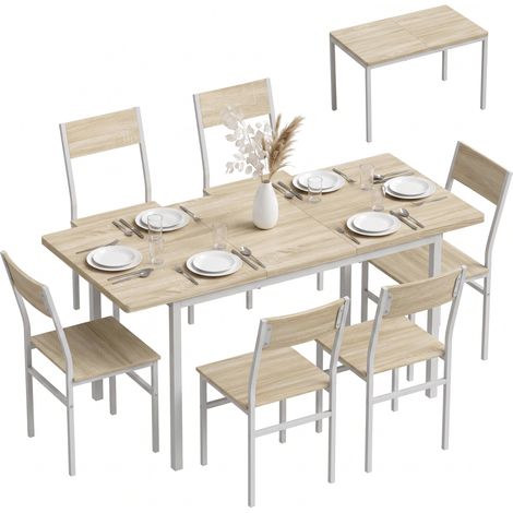 HOMCOM conjunto mesa de cocina extensible 120-160 cm con 6 sillas, ahorro espacio, para 4-6 personas, marco metálico, efecto roble (1/5)