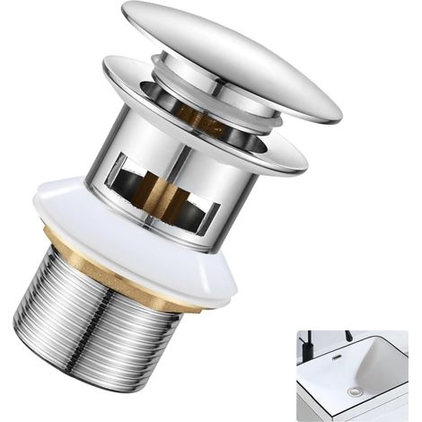 Bonde de Lavabo avec Trop-Plein - 1 Pièce - Laiton Chromé - Mécanisme Pop-Up Clic - Pour Évier et Salle de Bain - 3,8x1,5 Pouces (1/5)