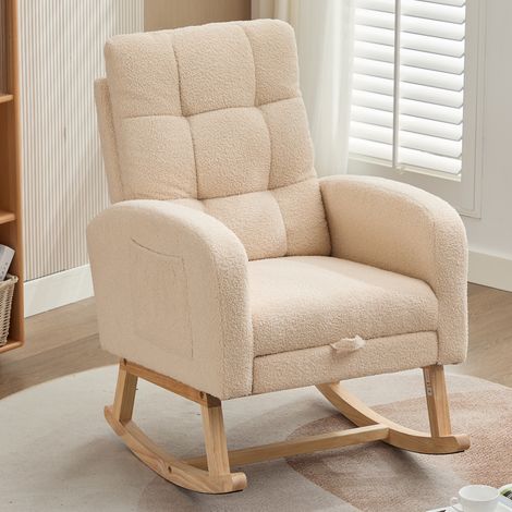 Sillón mecedora estructura de madera patas metálicas con reposapiés oculto relleno de espuma de alta densidad beige (1/5)