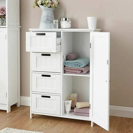 Mobile Bagno 4 Cassetti + Anta Mobiletto Cassettiera Legno MDF Bianco 55x81cm (1/5)