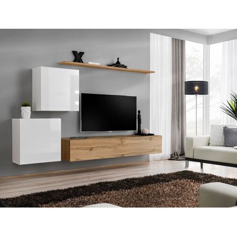 Ensemble mural - Switch V - 1 vitrine carrée - 1 banc TV - 1 étagère - Bois et blanc - Modèle 2 - Livraison gratuite