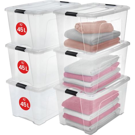 Boite Rangement Plastique avec Couvercle, 45L, Lot de 6, Transparent, Clips de Fermeture, Poignée, Empilable, Organisation Solide (1/5)